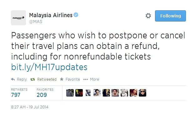 Malaysia airlines tweets about the refund