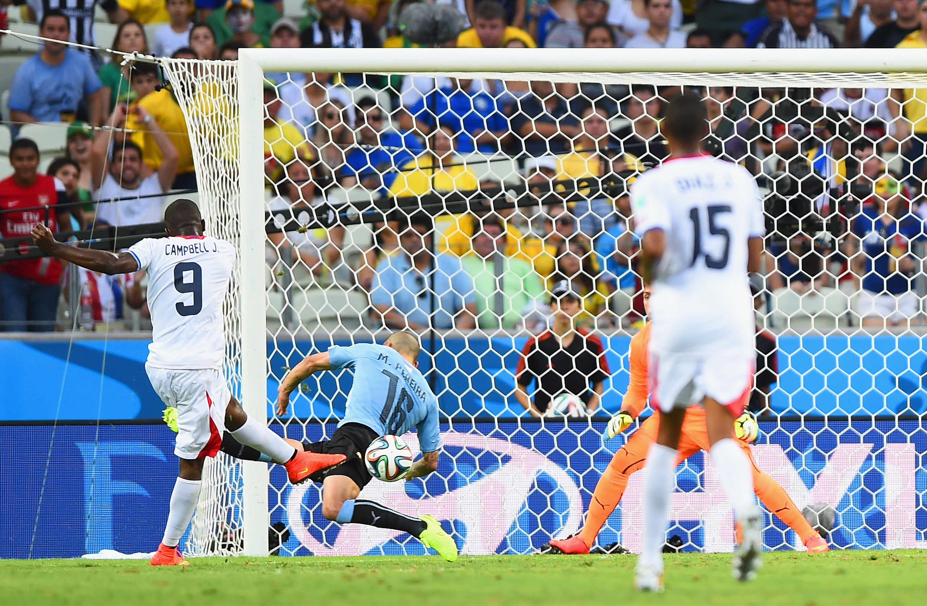 Joel Campbell of Costa Rica shoots and scores his team's first goal during the 2014 FIFA World Cup Brazil Group D match between Uruguay and Costa Rica at Castelao on June 14, 2014 in Fortaleza, Brazil. Photo: Getty Images