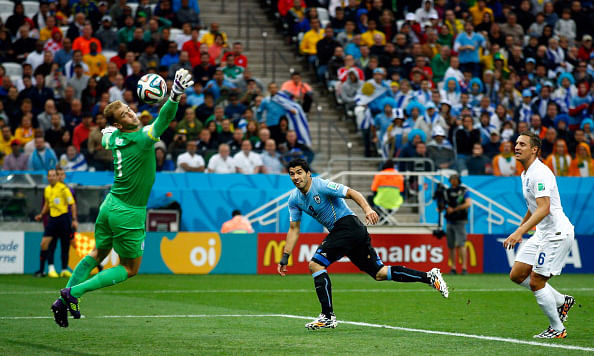 Luis Suarez of Uruguay scores his team's first goal past Joe Hart of England during the 2014 FIFA World Cup Brazil Group D match between Uruguay and England at Arena de Sao Paulo on June 20, 2014 in Sao Paulo, Brazil. Photo: Getty Images