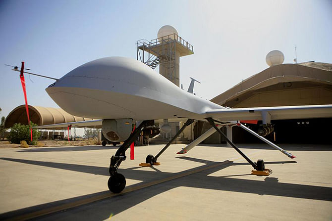 This June 21, 2007 file photo show a MQ-4 Predator controlled by the 46th Expeditionary Reconnaissance Squadron stands on the tarmac at Balad Air Base, north of Baghdad, Iraq. Photo: AP