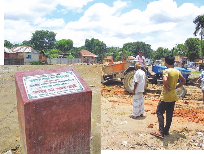 Illegal filling of a water body, popularly known as 'Jorapukur', of Bangladesh Railway at Neamatpur in Saidpur upazila of Nilphamari goes on, ignoring a legal notice served by the authorities concerned, inset, foundation of a boundary wall of a proposed Eidgah laid by the lawmaker on the filled up water body on Monday. Photo: Star