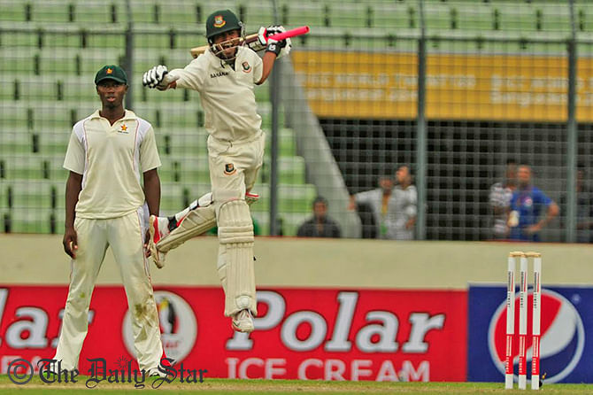 Taijul Islam, the hero of the match, jumps as Bangladesh clinch victory against Zimbabwe at Mirpur stadium on Monday. Photo: Firoz Ahmed