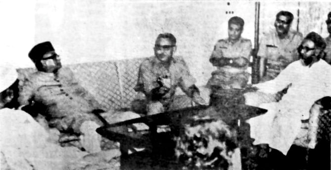 While the nation was engaged in a war against the Pakistan occupation forces, Ghulam Azam, right, was in a meeting with East Pakistan governor Gen Tikka Khan, the infamous ‘Butcher of Baluchistan’, at Dhaka Cantonment on April 4, 1971. Photo: Collected