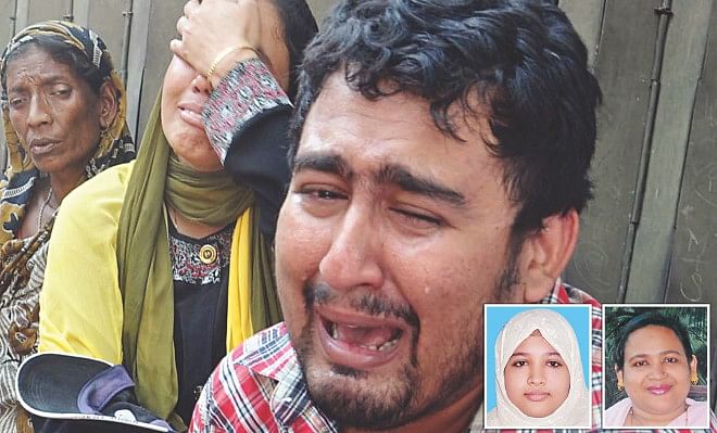 Saif Reza, along with relatives, in tears at Chittagong Medical College Hospital where he took his mother and younger sister, inset, who were stabbed to death by unknown men at their house in the port city yesterday morning. Photo: Star 