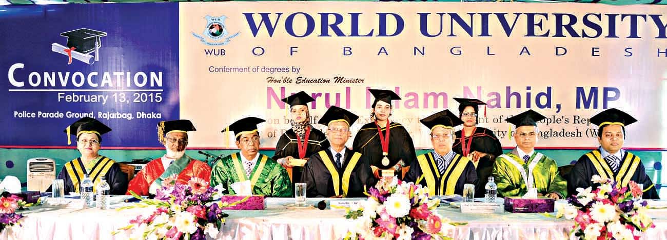 The World University of Bangladesh (WUB) hosted its 3rd Convocation at Rajarbagh Police Parade Ground on February 13, 2015. The event was chaired by Education Minister Nurul Islam Nahid.