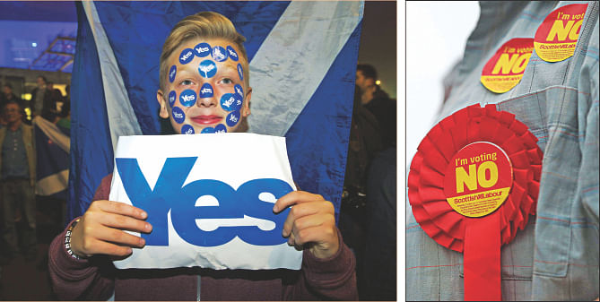 A pro-Scottish independence campaigner in Edinburgh on Wednesday and a pro-union campaigner in West Glasgow yesterday.  Photo: AFP