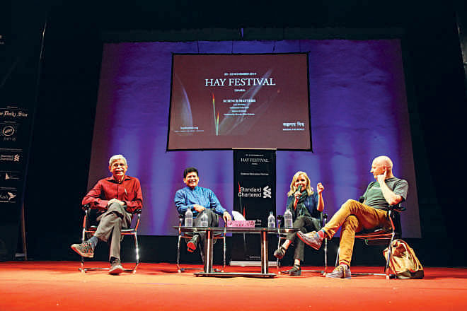 From left: Muhammed Zafar Iqbal, Hossain Zillur Rahman,  Lucy Hawking and Marcus du Sautoy discussing how to  make science popular for the children and youth. Photo: Probir Das