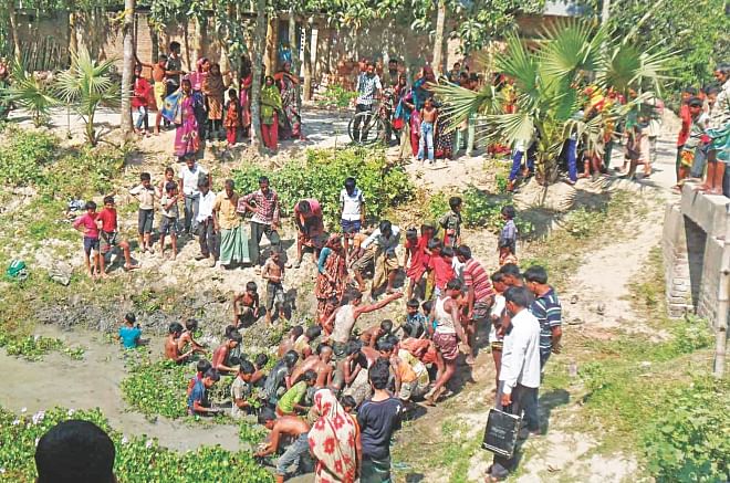 Locals dash into a pond in Ziapur village of Joypurhat after a boy found at least 60 SIM cards there yesterday morning. Throughout the day, they found several thousand SIM cards in the pond. Photo: Star
