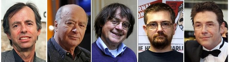 A combination of file photos made on January 7, 2015 shows (from L) French satirical weekly Charlie Hebdo's deputy chief editor Bernard Maris and cartoonists Georges Wolinski, Jean Cabut, aka Cabu, Charb and Tignous. At least 12 people were killed, including cartoonists Charb, WolinsKi, Cabu and Tignous and deputy chief editor Bernard Maris when gunmen armed with Kalashnikovs and a rocket-launcher opened fire in the Paris offices of French satirical weekly Charlie Hebdo. Photo: AFP