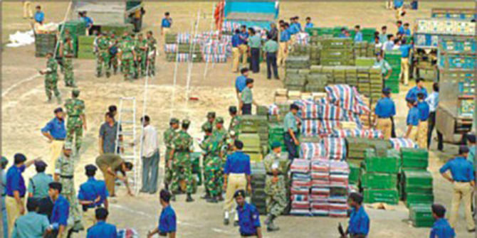 A huge cache of arms and ammunition were seized at the jetty of state-owned Chittagong Urea Fertiliser Ltd in the early hours of April 2, 2004. Star file photo