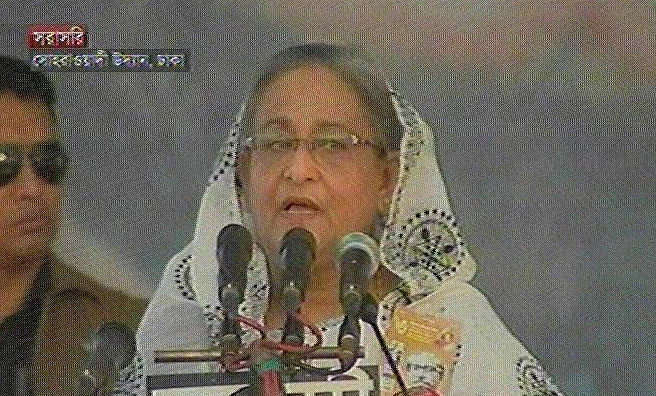 Prime Minister Sheikh Hasina addresses public meeting at the Suhrawardy Udyan in Dhaka on Monday afternoon. Photo: TV grab 