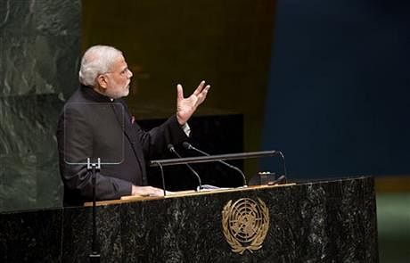Indian Prime Minister Narendra Modi addresses the 69th United Nations General Assembly at UN headquarters, Saturday. Photo: AP 