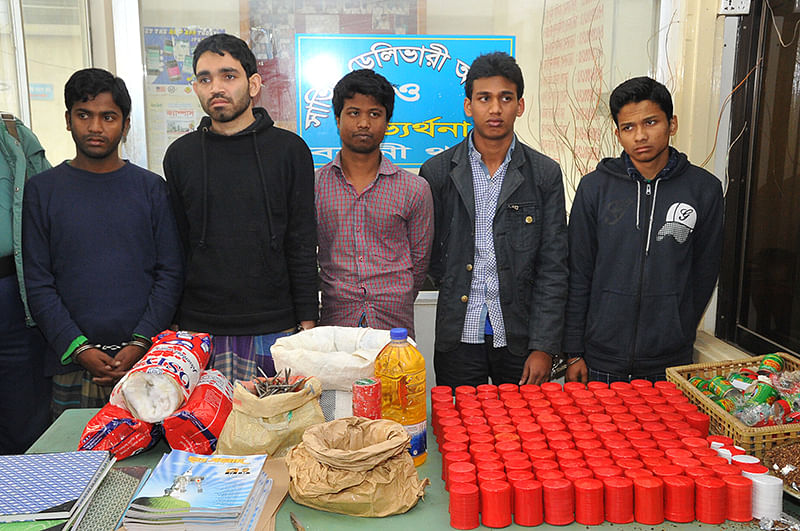 The crude bombs have been seized from five Islami Chhatra Shibir activists who are arrested before hartal at Mohakhali in Dhaka early Wednesday. Photo: Star