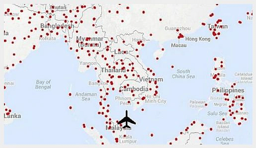 Malaysia Airlines flight MH370 had enough fuel to fly anywhere from Pakistan to Western Australia, and could have landed in 634 runways. Photo: Screengrab from WNYC 