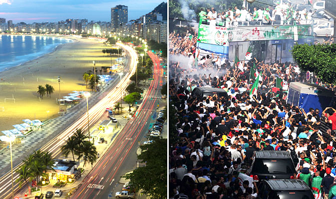 Avenida Atlantica (L). Algerian national team players are greeted by fans upon their return from Brazil, on July 2, 2014, in the capital Algiers (R). Photo: Getty Images