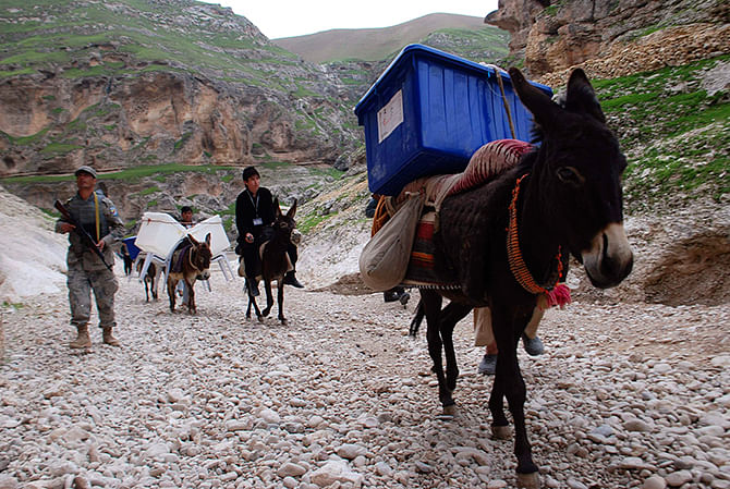 Afghan election workers lead donkeys carrying ballot boxes and other materials to polling stations which are not accessible by road in the Kishindih district of Balkh Province, northern Afghanistan on Thursday. The Afghan presidential elections will be held on April 5. Photo: Reuters