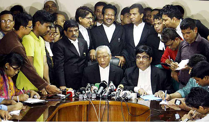 Attorney General Mahbubey Alam at a press briefing reacts after announcement of the Supreme Court verdict against war criminal Delawar Hossain Sayedee on Wednesday. Photo: Banglar Chokh