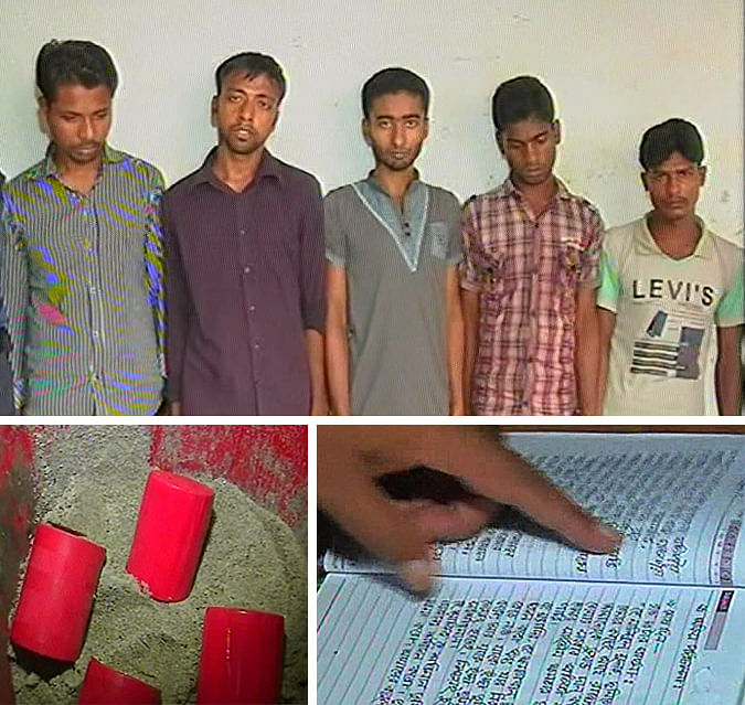 Police detain five activists of a militant Islamist party 'Allar Dal' (in the upper fold), including its district chief, with explosives and bomb-making materials (left in the lower fold) and organisational documents (right in the lower fold) from Phultala upazila of Khulna on Wednesday. Photos: TV grab