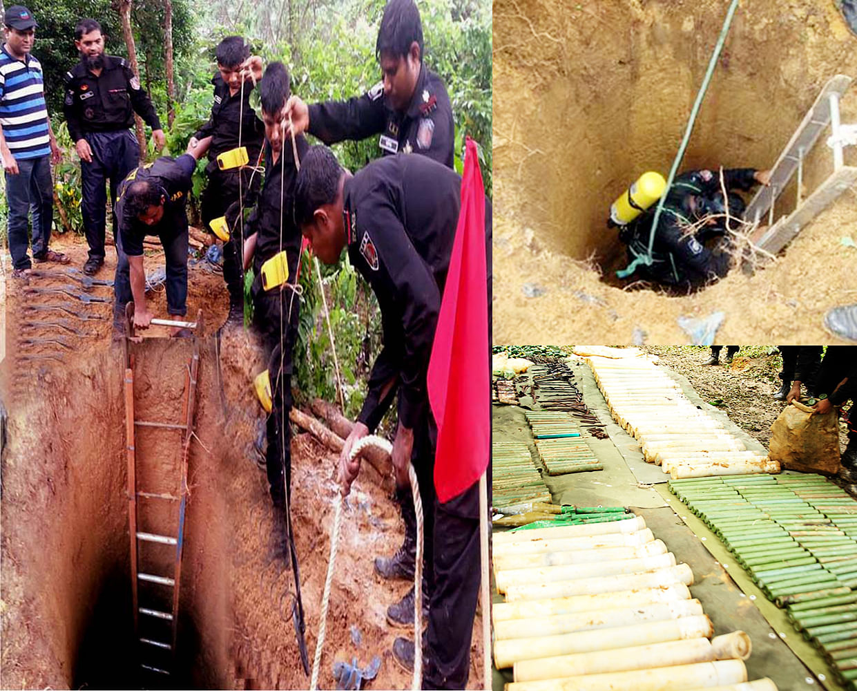 A huge cache of arms and ammunitions including 184 40mm rocket shells and 153 chargers of rocket launchers were recovered by Rapid Action Battalion (Rab) from Satchhari forest at Chunarughat upazila of Habiganj on Tuesday. Photo: Banglar Chokh