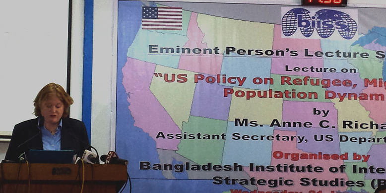 US Assistant Secretary of State for Population, Refugees, and Migration Anne C Richard is delivering lecture on ‘US Policy on Refugee, Migration and Population Dynamics’ arranged by the Bangladesh Institute of International and Strategic Studies (BIISS) at its conference room Wednesday. Photo: Rezaul Karim Lotus