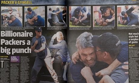 How Sydney's Daily Telegraph displayed photographs of the fight between billionaire James Packer and Channel Nine chief executive David Gyngell.  The photo is taken from The Guradian