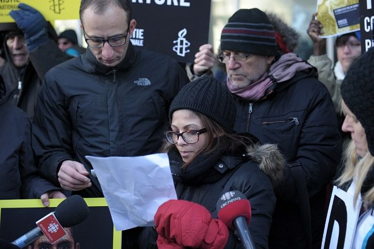 Ensaf Haidar, the wife of the Saudi Blogger Raef Badawi, holds a vigil in Montreal, Quebec on January 13, 2015 urging Saudi Arabia to free her husband who was flogged in public January 9, 2015 near a mosque in the Red Sea city of Jeddah, receiving 50 lashes for 