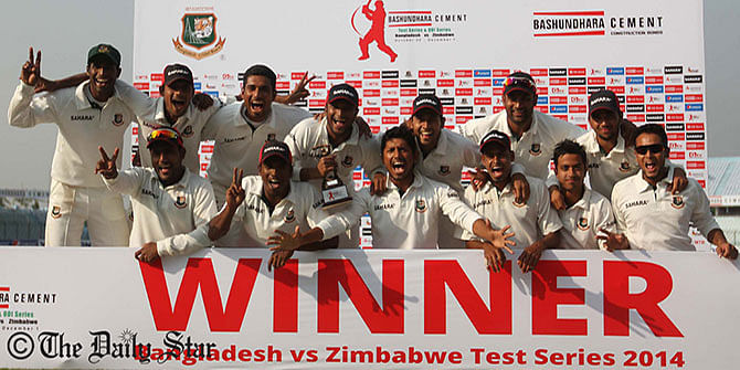 Bangladesh team pose after whitewashing Zimbabwe in the three-match Test series in Chittagong Sunday afternoon. Photo: Anurup Kanti Das