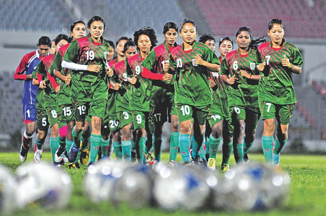 Bangladesh women’s team players train at the Bangabandhu National Stadium. File Photo