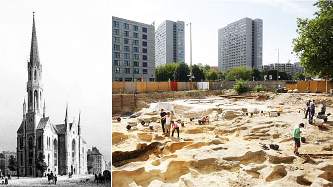 St Peter's Church in 1850, and graves being excavated in 2008