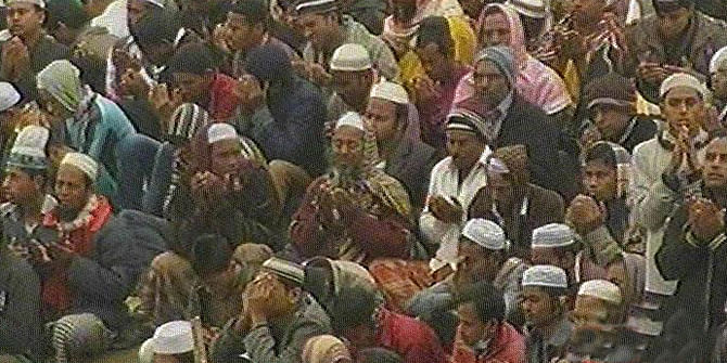 Devotees attend the Akheri Munajat (concluding prayer) of the second phase of the Biswa Ijtema -- one of the largest congregations of Muslims -- on the bank of Turag Sunday. Photo: TV Grab