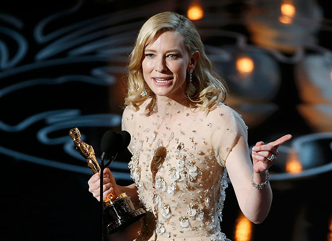 Cate Blanchett speaks on stage after she won best actress for her work in 'Blue Jasmine