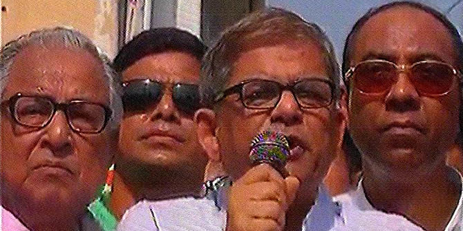 BNP acting secretary general Mirza Fakhrul Islam Alamgir addresses a rally at Uttara in the capital Tuesday before starting a long march demanding due share of Teesta river. Photo: TV grab