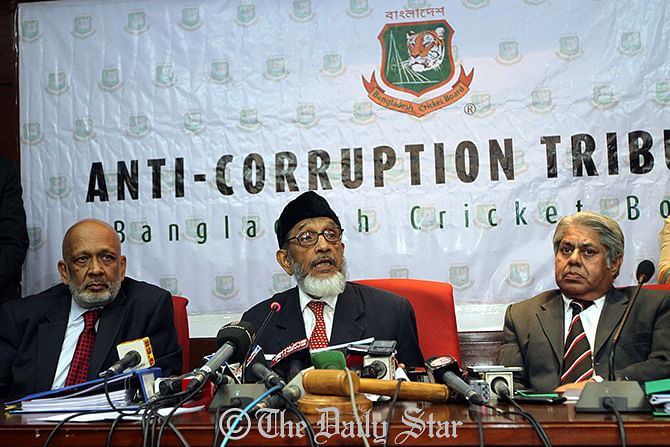 Justice Khademul Islam, convenor of the three-member tribunal and chairman of the disciplinary panel formed by the Bangladesh Cricket Board (BCB) in Gulshan in the capital on Wednesday announces sanctions against the accused people who were involved in match-fixing during the second edition of the Bangladesh Premier League (BPL). Photo: Palash Khan