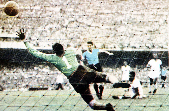 Juan Schiaffino scores Uruguay's first goal past Brazilian keeper Barbosa in World Cup Final July 16, 1950, at Maracana Stadium, Rio De Jainero in Brazil. Uruguay upset predictions of an easy victory for Brazil by winning this final match of the tournament 2-1 with goals from Schiaffino and Alcides Edgardo Ghiggia, in front of an estimated attendance of 200,000 disbelieving Brazilians at the newly built venue. Photo: Getty Images