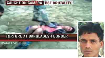 The footage of BSF men torturing a Bangladeshi who has been identified as Habibur Rahman, inset, of Shibganj, Chapainawabganj. Photo: TV grab and Star file