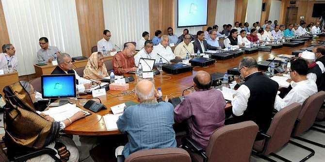 This August 4 photo shows Prime Minister Sheikh Hasina chairing a cabinet meeting at Secretariat in the capital
