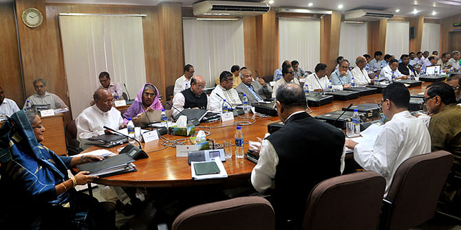 In this June 4, 2014 photo, Prime Minister Sheikh Hasina chairs a regular meeting of the cabinet at Bangladesh Secretariat in Dhaka.