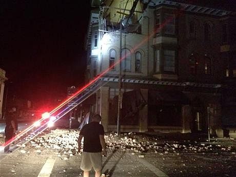 This photo provided by Lyall Davenport shows damage to a building in Napa, California, early Sunday. Photo: AP 