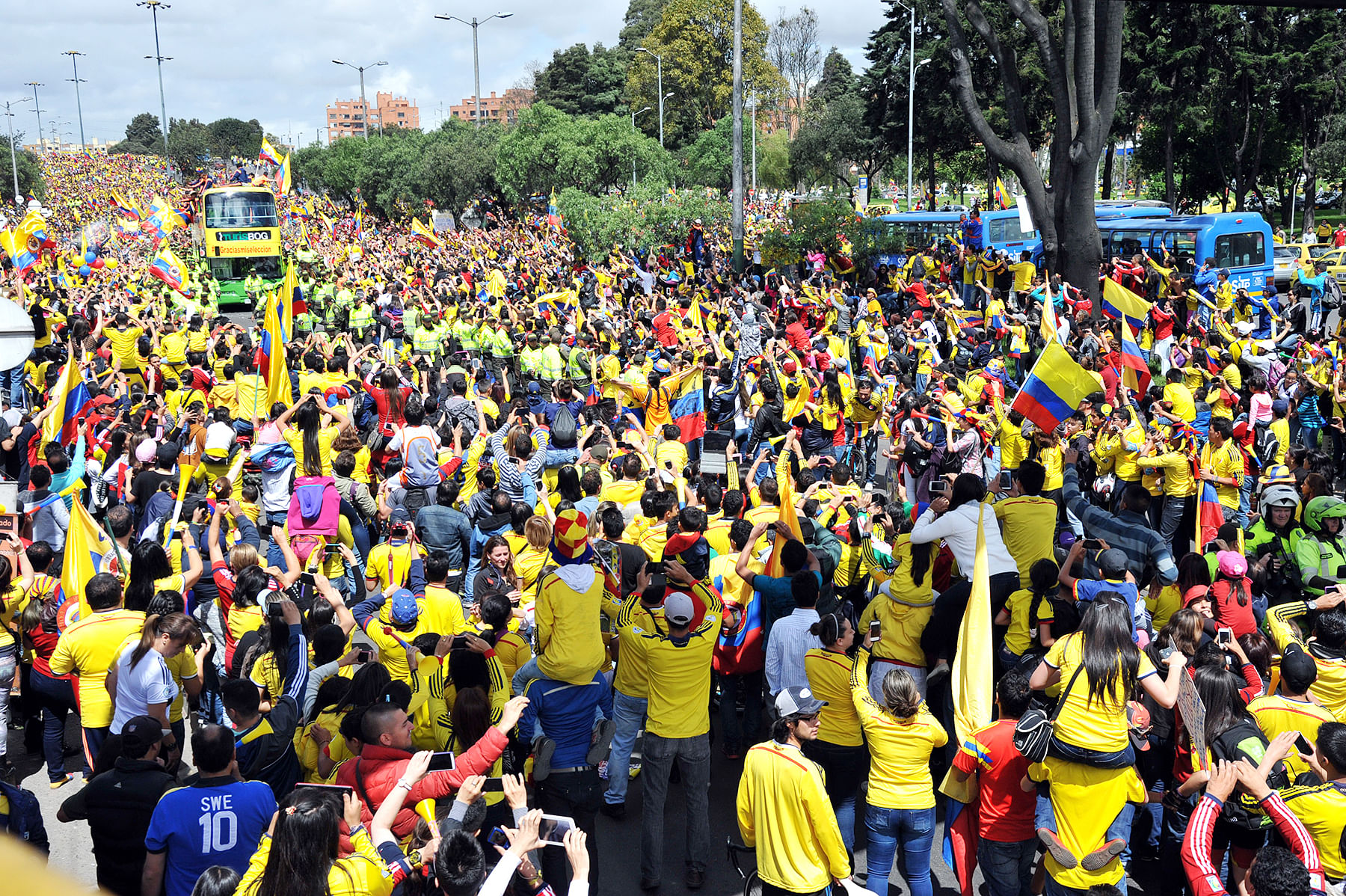 A crowd of Colombian fans greet their national football team upon their arrival in Bogota after the FIFA World Cup Brazil 2014, on July 6, 2014. Photo: Getty Images