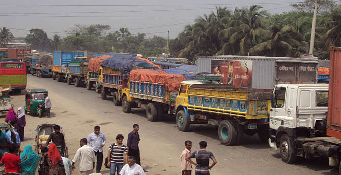 A 36-km tailback on the Dhaka-Chittagong highway forced hundreds of vehicles to remain stuck since early today.