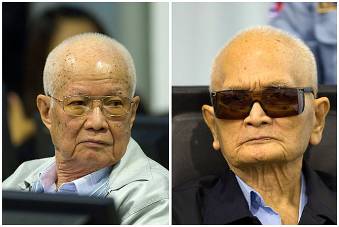 Cambodia's former Khmer Rouge President Khieu Samphan (L) and 