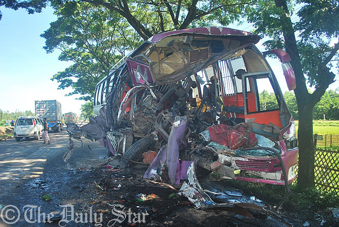 The wrecked bus that collided head on with a truck on Dhaka-Chittagong highway in Sitakunda on Friday. Photo: Star