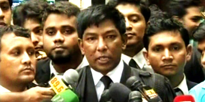 Defence counsel Faruque Ahmed briefs media at the court premises. Photo: TV grab