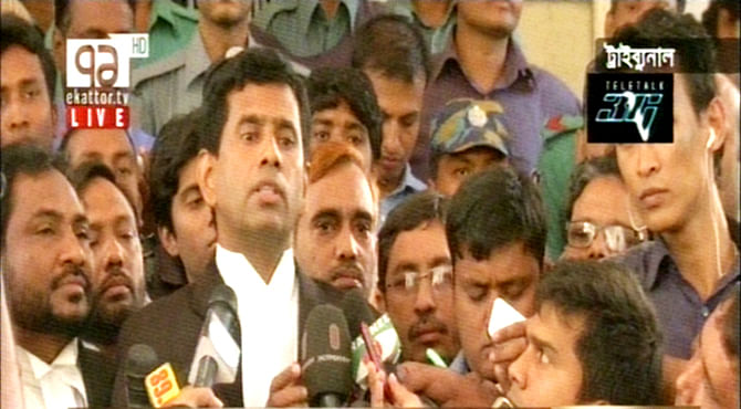 Tajul Islam, a counsel for defence, speaks media at the tribunal premises Wednesday. Photo: TV grab