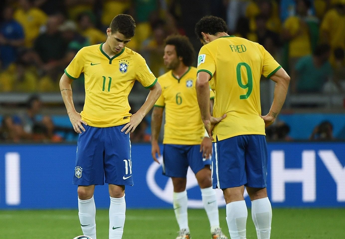 Brazilian players in despair after their 1-7 defeat by Germany on Wednesday. Photo: Getty Images