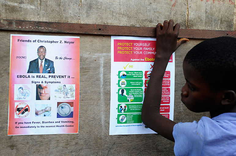 A boy stands near posters displaying a government message against Ebola at Duwala market in Monrovia August 17, 2014. Photo: Reuters