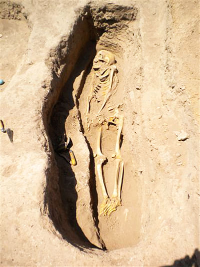 In this image made available from Oriental Institute of the University of Chicago, on Thursday June 19, 2014 shows a skeleton in a grave in northern Syria in 2010. Photo: AP