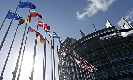 Flags of European Union member states fly in front of the European parliament building in Strasbourg. Photo: Reuters