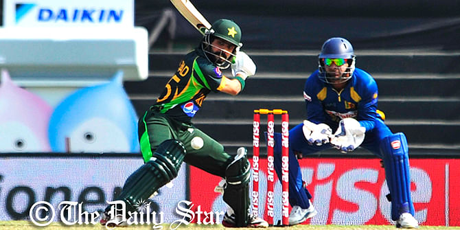 Pakistani batsman Fawad Alam hits a ball in pursuit of his maiden century today in the final match against Sri Lanka. Photo: Star