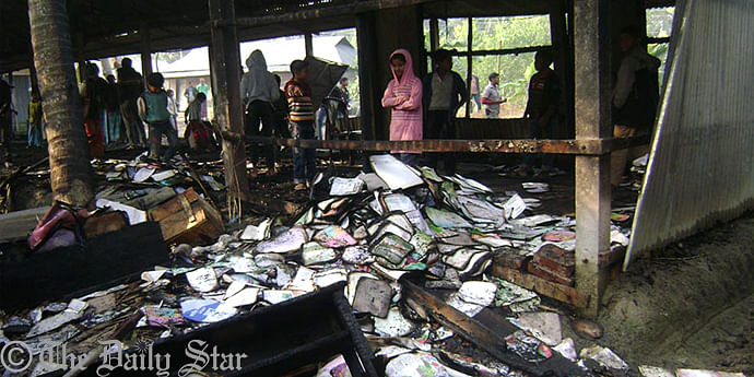 All the text books, furniture and several classrooms of Gazaria Ideal Academy, a kindergarten school, in Purba Chandrapur union of Feni are burnt to ashes. Miscreants set fire to five polling centres set up in four schools and a madrasa in Daganbhuiyan upazila of the district early today, with two days left for the general election.